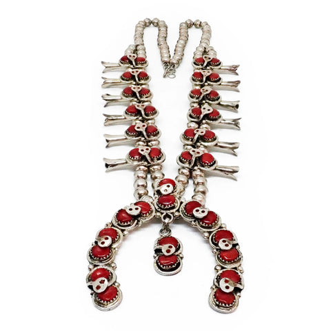 EFFIE CALAVAZA Zuni Coral Cluster Snake Squash Blossom Sterling Silver Necklace