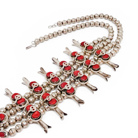 EFFIE CALAVAZA Zuni Coral Cluster Snake Squash Blossom Sterling Silver Necklace