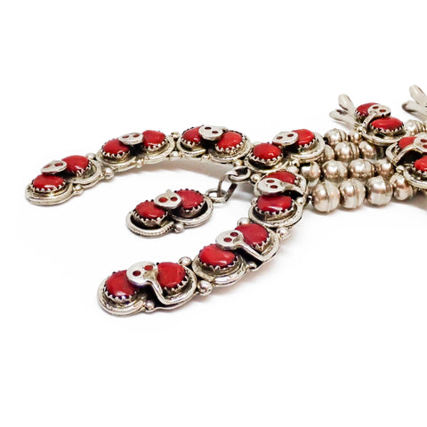 EFFIE CALAVAZA Zuni Coral Cluster Snake Squash Blossom Sterling Silver Necklace