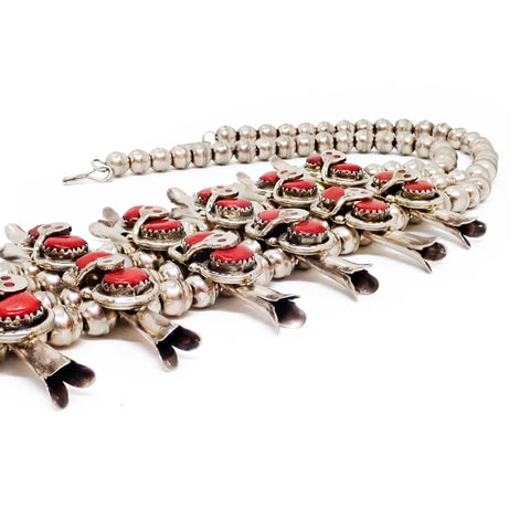 EFFIE CALAVAZA Zuni Coral Cluster Snake Squash Blossom Sterling Silver Necklace