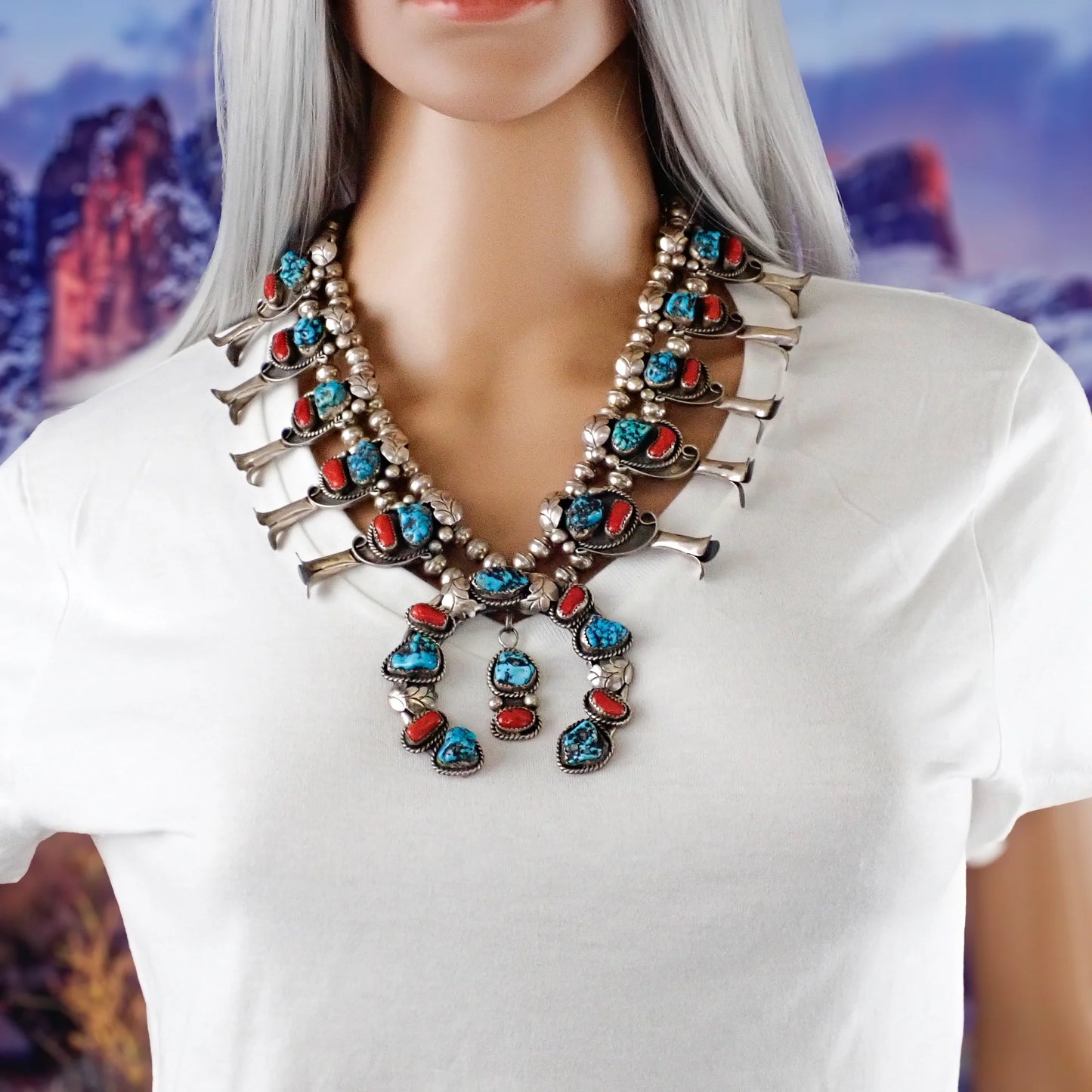 Native American Sea Foam Turquoise & Coral Squash Blossom Sterling Silver Necklace