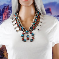 Native American Sea Foam Turquoise & Coral Squash Blossom Sterling Silver Necklace