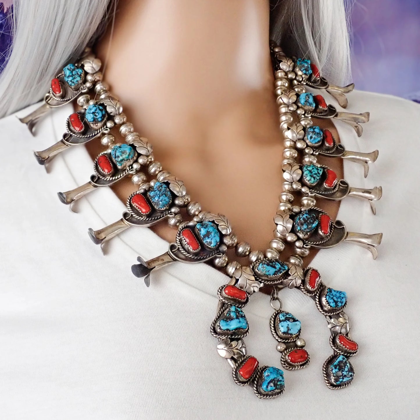 Native American Sea Foam Turquoise & Coral Squash Blossom Sterling Silver Necklace