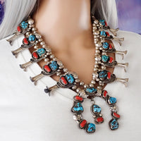 Native American Sea Foam Turquoise & Coral Squash Blossom Sterling Silver Necklace