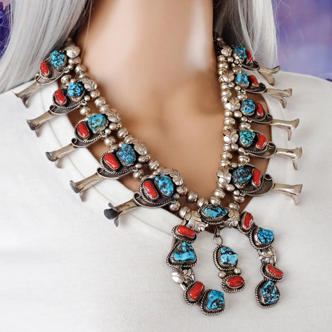 Native American Sea Foam Turquoise & Coral Squash Blossom Sterling Silver Necklace