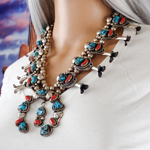 Native American Sea Foam Turquoise & Coral Squash Blossom Sterling Silver Necklace