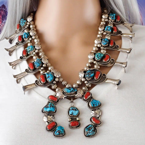 Native American Sea Foam Turquoise & Coral Squash Blossom Sterling Silver Necklace