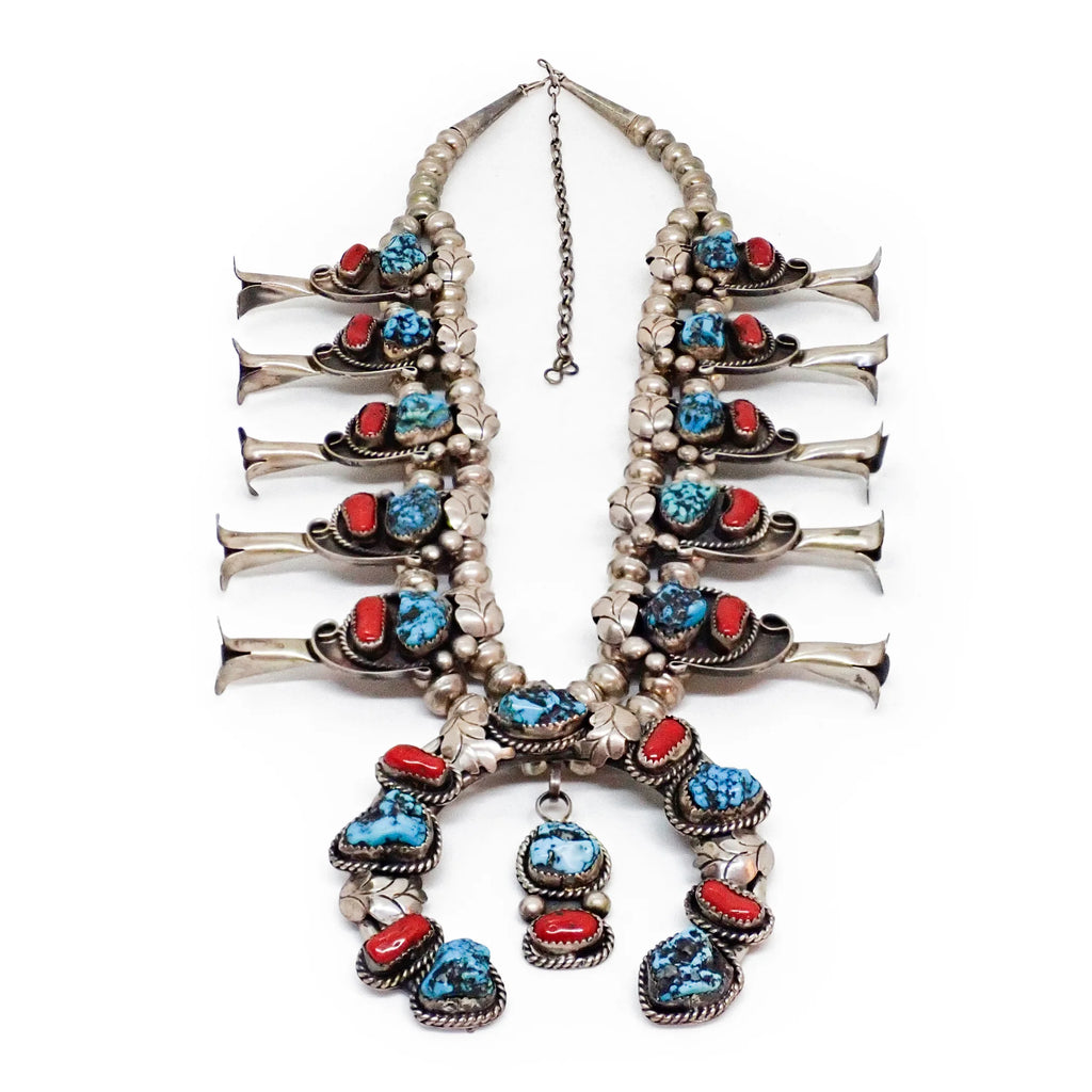 Native American Sea Foam Turquoise & Coral Squash Blossom Sterling Silver Necklace