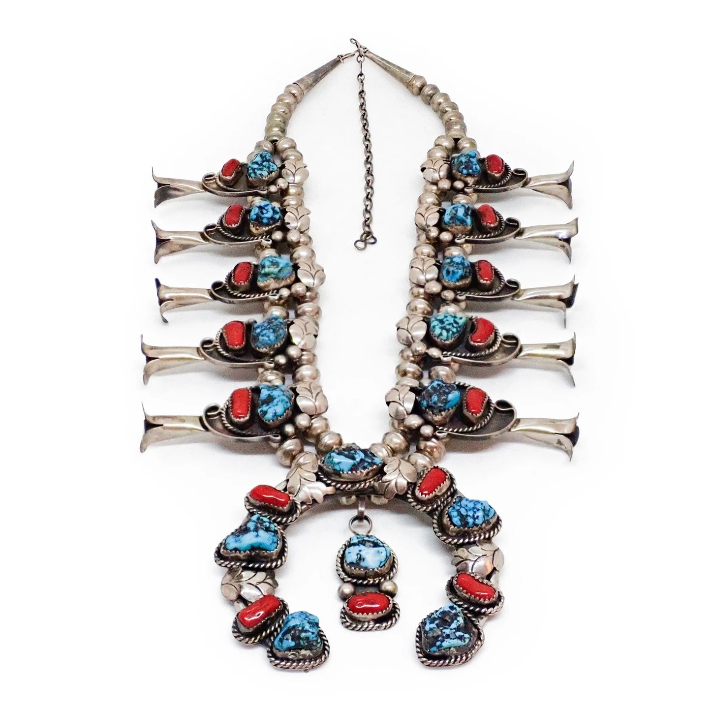 Native American Sea Foam Turquoise & Coral Squash Blossom Sterling Silver Necklace