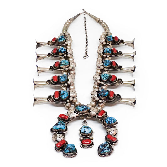 Native American Sea Foam Turquoise & Coral Squash Blossom Sterling Silver Necklace