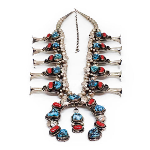 Native American Sea Foam Turquoise & Coral Squash Blossom Sterling Silver Necklace
