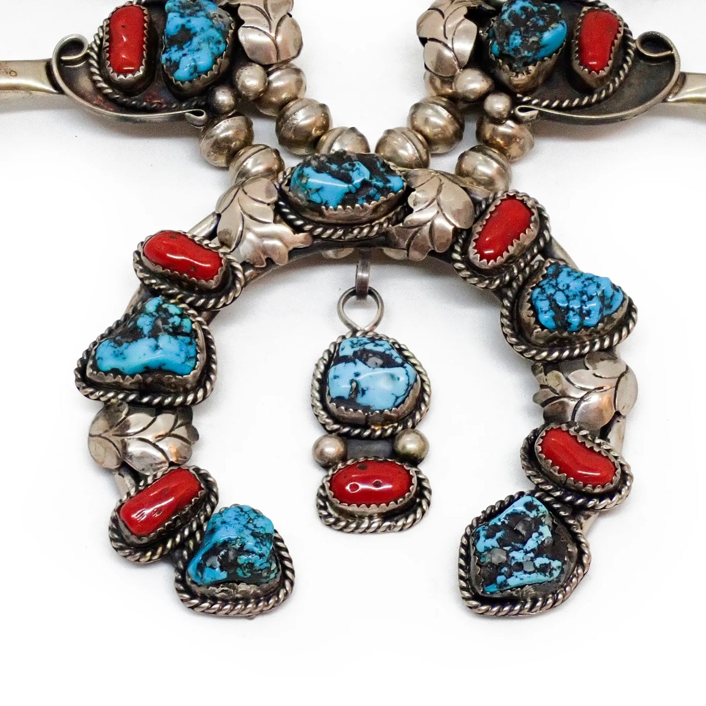 Native American Sea Foam Turquoise & Coral Squash Blossom Sterling Silver Necklace