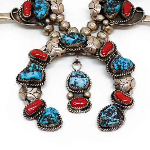 Native American Sea Foam Turquoise & Coral Squash Blossom Sterling Silver Necklace