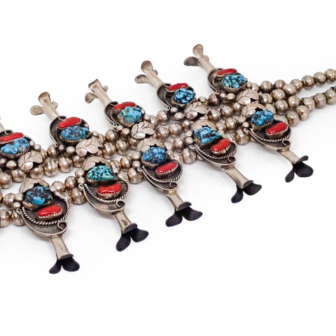 Native American Sea Foam Turquoise & Coral Squash Blossom Sterling Silver Necklace