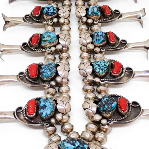 Native American Sea Foam Turquoise & Coral Squash Blossom Sterling Silver Necklace