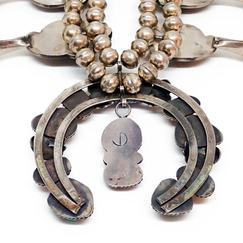 Native American Sea Foam Turquoise & Coral Squash Blossom Sterling Silver Necklace