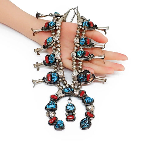 Native American Sea Foam Turquoise & Coral Squash Blossom Sterling Silver Necklace