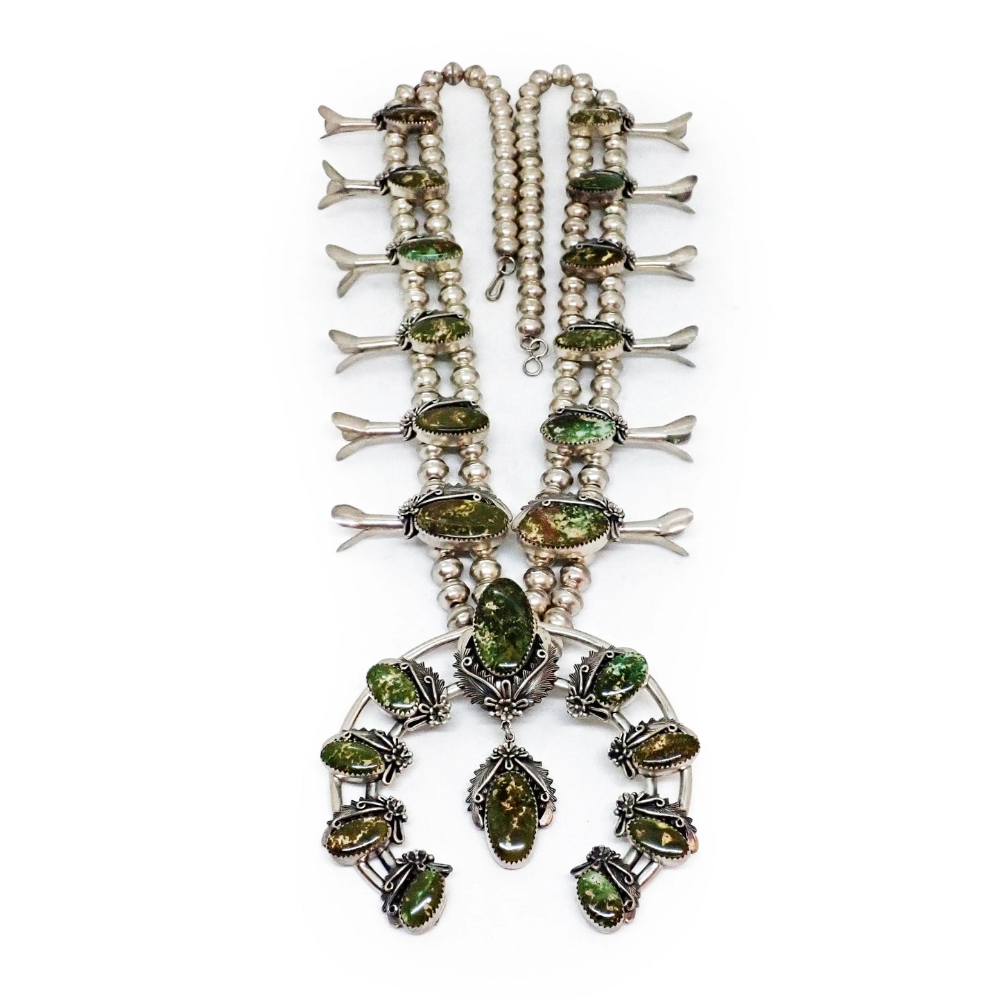 JOHNSON Navajo Green Pilot Mountain Turquoise Squash Blossom Sterling Silver Necklace