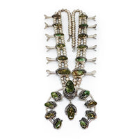 JOHNSON Navajo Green Pilot Mountain Turquoise Squash Blossom Sterling Silver Necklace