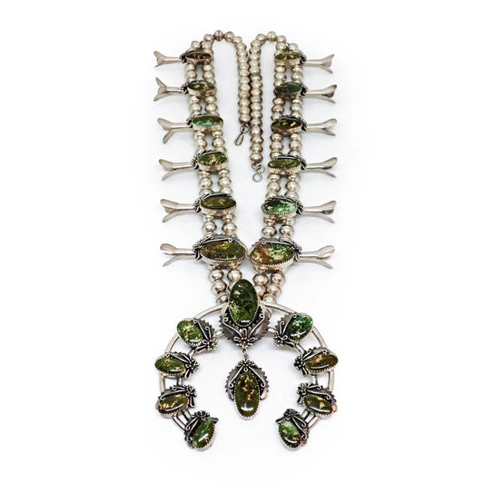 JOHNSON Navajo Green Pilot Mountain Turquoise Squash Blossom Sterling Silver Necklace