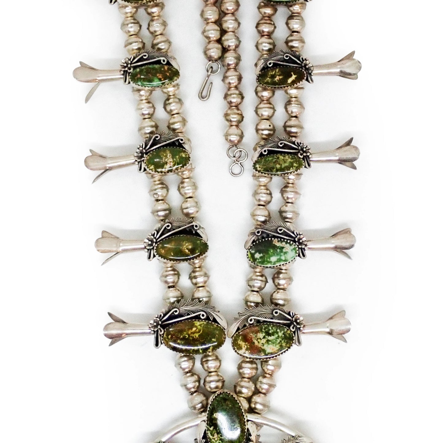 JOHNSON Navajo Green Pilot Mountain Turquoise Squash Blossom Sterling Silver Necklace