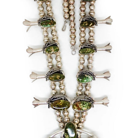 JOHNSON Navajo Green Pilot Mountain Turquoise Squash Blossom Sterling Silver Necklace