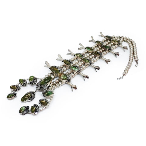 JOHNSON Navajo Green Pilot Mountain Turquoise Squash Blossom Sterling Silver Necklace