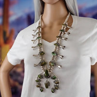 JOHNSON Navajo Green Pilot Mountain Turquoise Squash Blossom Sterling Silver Necklace