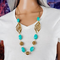 Eco-Friendly Handcrafted Golden Grass Recycle Turquoise Bead Necklace & Earrings Set