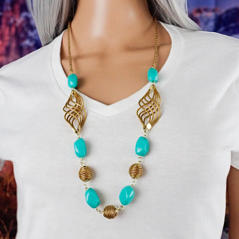 Eco-Friendly Handcrafted Golden Grass Recycle Turquoise Bead Necklace & Earrings Set