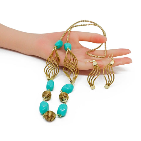Eco-Friendly Handcrafted Golden Grass Recycle Turquoise Bead Necklace & Earrings Set