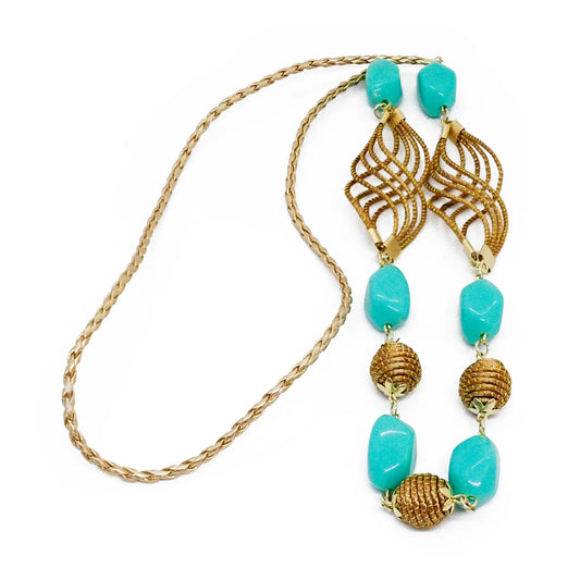 Eco-Friendly Handcrafted Golden Grass Recycle Turquoise Bead Necklace & Earrings Set