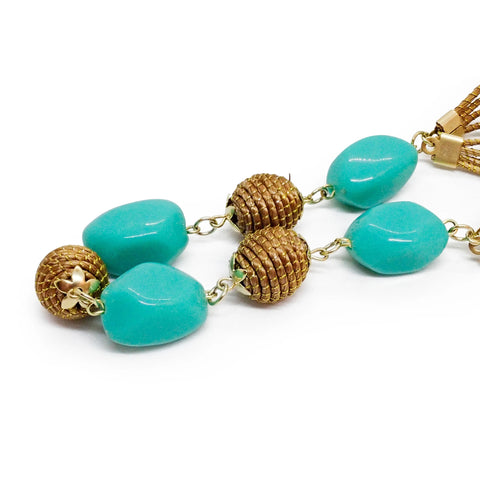 Eco-Friendly Handcrafted Golden Grass Recycle Turquoise Bead Necklace & Earrings Set