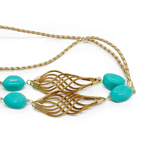 Eco-Friendly Handcrafted Golden Grass Recycle Turquoise Bead Necklace & Earrings Set