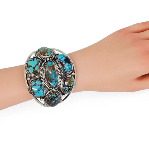 GLODOVE Handcrafted Bohemian Webbed Turquoise Cluster Sterling Silver Cuff Bracelet