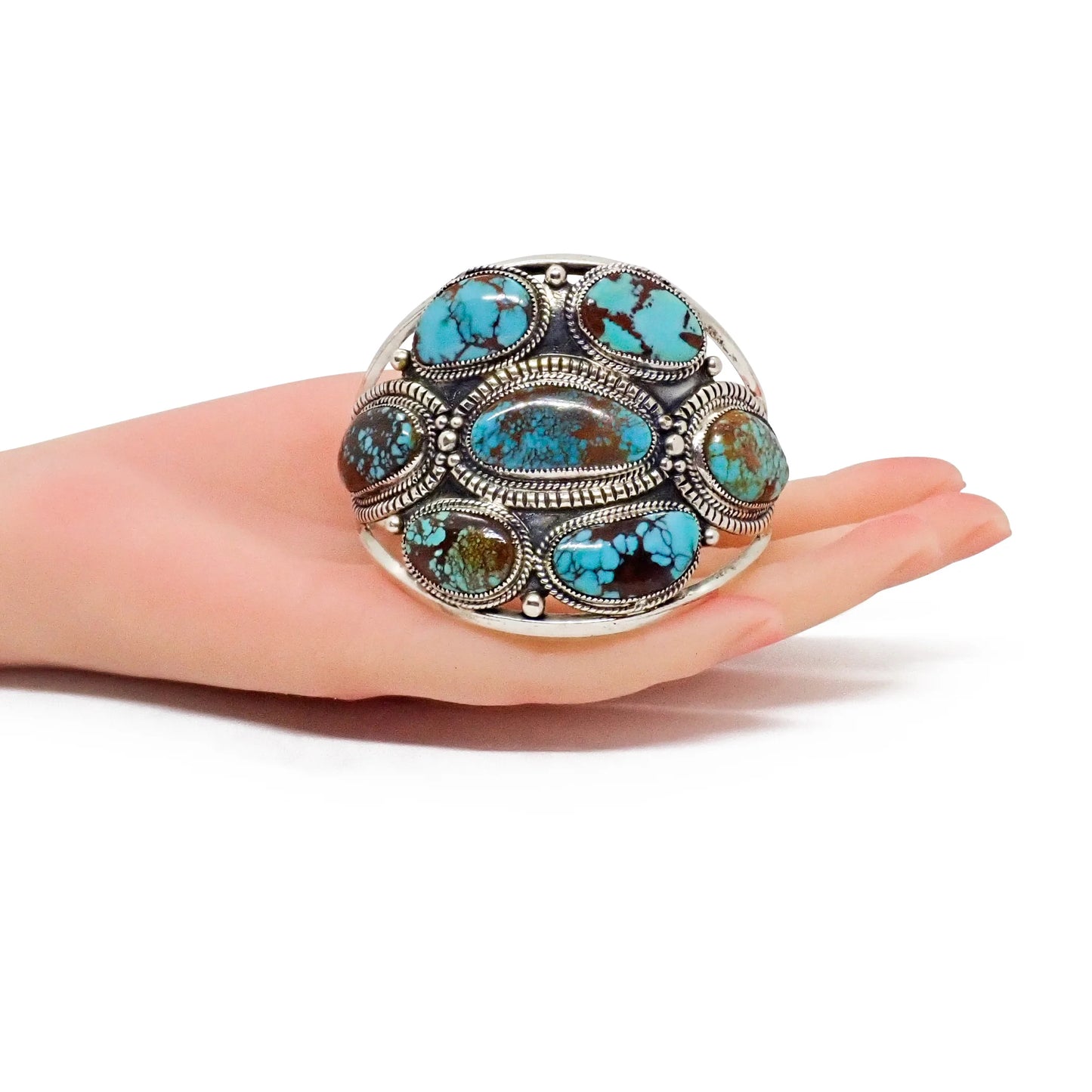 GLODOVE Handcrafted Bohemian Webbed Turquoise Cluster Sterling Silver Cuff Bracelet