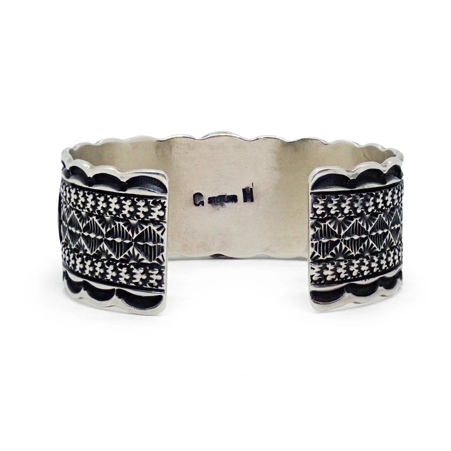 Native American Navajo Royston Turquoise Row Stamped Sterling Silver Cuff Bracelet by HOSKIE