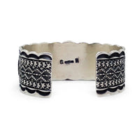 Native American Navajo Royston Turquoise Row Stamped Sterling Silver Cuff Bracelet by HOSKIE