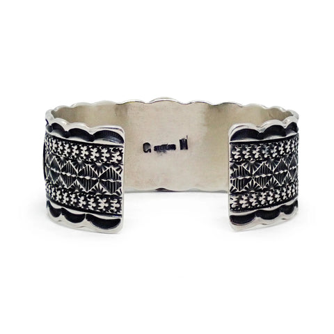 Native American Navajo Royston Turquoise Row Stamped Sterling Silver Cuff Bracelet by HOSKIE
