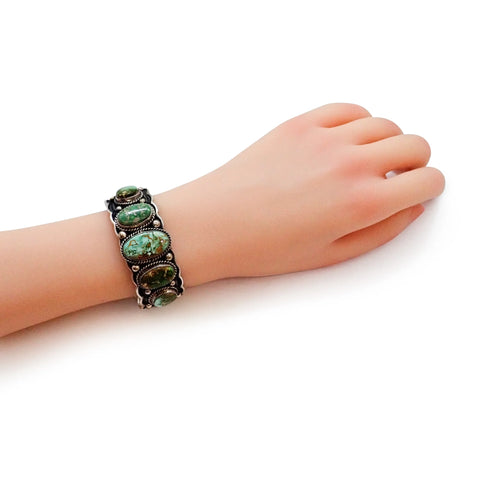 Native American Navajo Royston Turquoise Row Stamped Sterling Silver Cuff Bracelet by HOSKIE