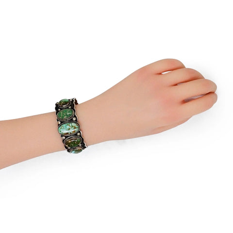 Native American Navajo Royston Turquoise Row Stamped Sterling Silver Cuff Bracelet by HOSKIE