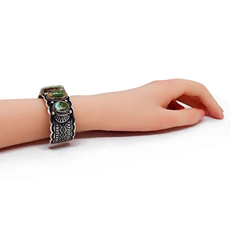 Native American Navajo Royston Turquoise Row Stamped Sterling Silver Cuff Bracelet by HOSKIE