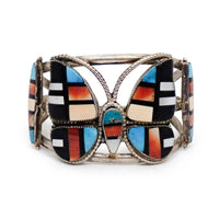 MARIE BAHE Navajo Multi-Stone Butterfly Inlay Sterling Silver Cuff Bracelet
