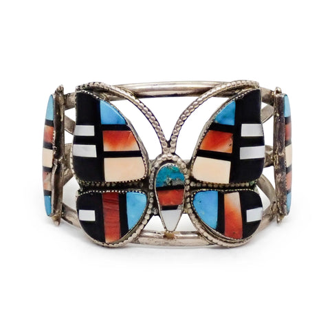 MARIE BAHE Navajo Multi-Stone Butterfly Inlay Sterling Silver Cuff Bracelet
