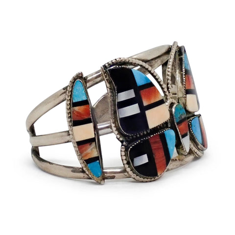 MARIE BAHE Navajo Multi-Stone Butterfly Inlay Sterling Silver Cuff Bracelet