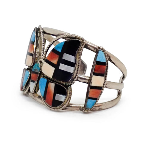 MARIE BAHE Navajo Multi-Stone Butterfly Inlay Sterling Silver Cuff Bracelet