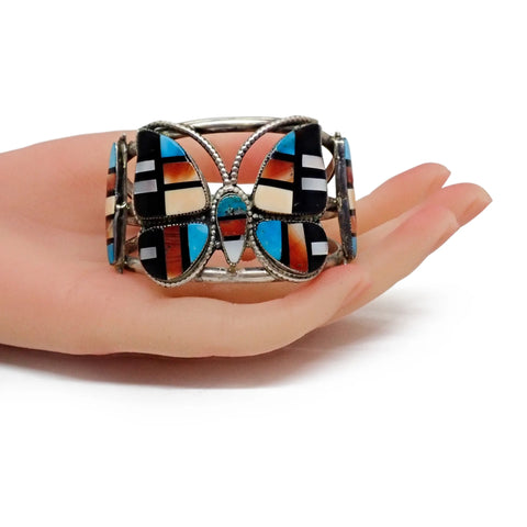 MARIE BAHE Navajo Multi-Stone Butterfly Inlay Sterling Silver Cuff Bracelet