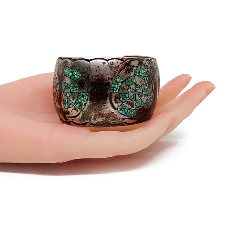 1970s Native American Navajo Turquoise Mosaic Chip Inlay Sterling Silver Cuff Bracelet