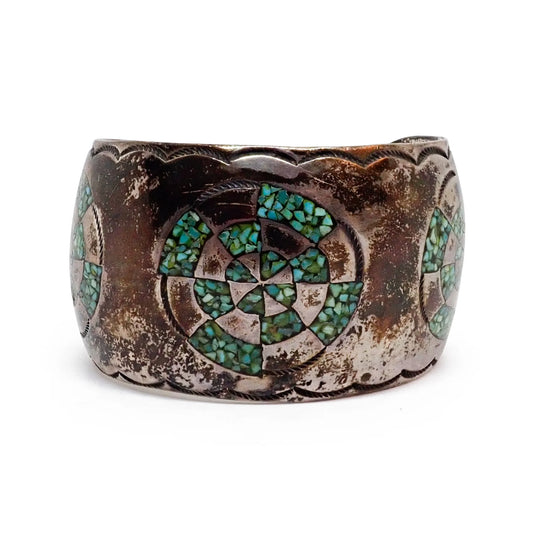 1970s Native American Navajo Turquoise Mosaic Chip Inlay Sterling Silver Cuff Bracelet