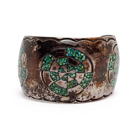 1970s Native American Navajo Turquoise Mosaic Chip Inlay Sterling Silver Cuff Bracelet